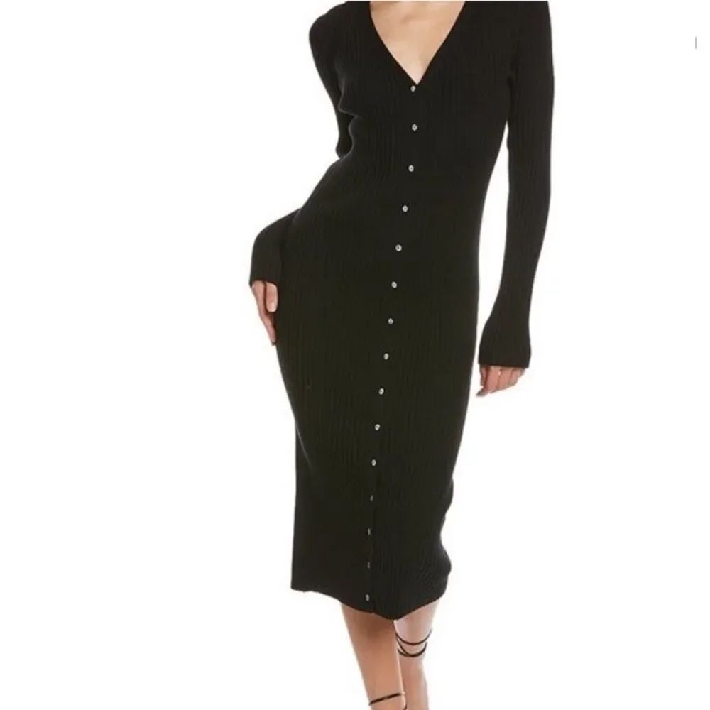 525 Black Ribbed Midi Button Down Long-sleeve Dress(Size XS)